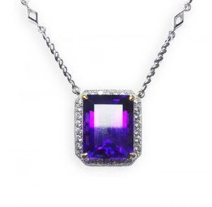 Image of amethyst & diamond square pendant in 18ct white gold