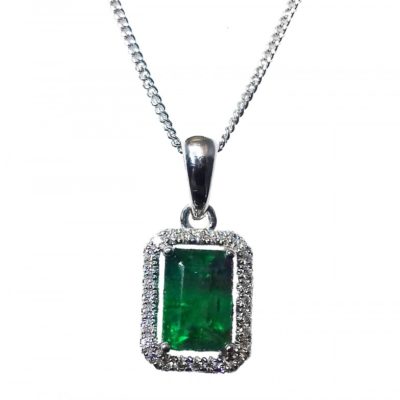 Emerald & Diamond Square Pendant in 18ct White Gold