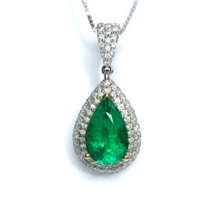 18ct White Gold Emerald & Diamond Pendant