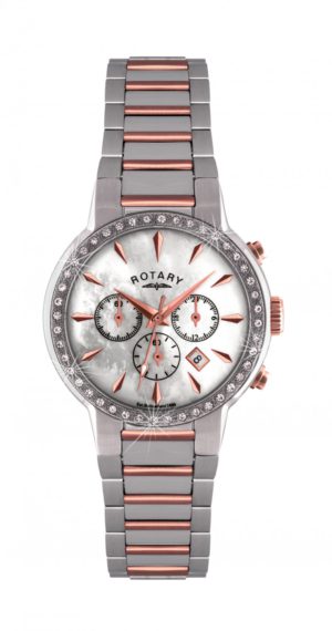 Rotary Timepieces Ladies Quartz Watch With White Dial Chronograph Display And Silver Stainless Steel Bracelet