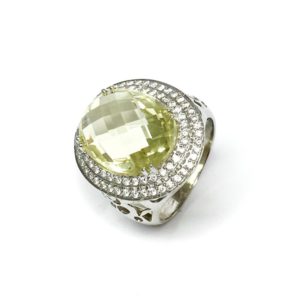 Image of second hand lemon quartz & diamond ring in 18ct white gold