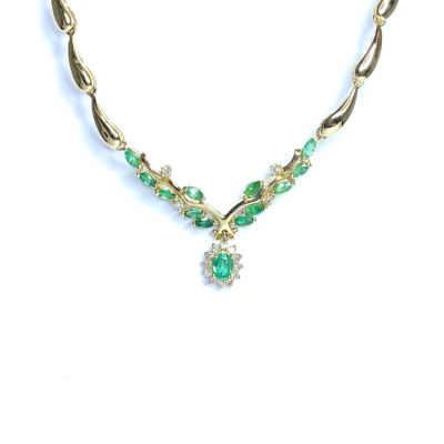 Second Hand 18ct Yellow Gold Emerald & Diamond Necklace
