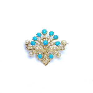 Second Hand 18ct Yellow Gold Pearl & Turquoise Brooch