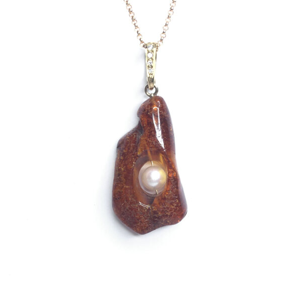 Second Hand 14ct Yellow Gold Amber, Pearl & Diamond Pendant