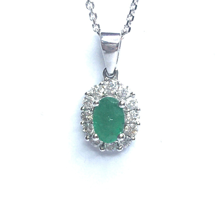 18ct White Gold Emerald & Diamond Pendant - J. A. Woodroffe Jewellers