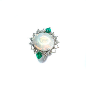 Second Hand 18ct White Gold Opal, Diamond And Emerald Ring