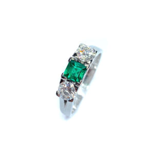 Second Hand 18ct White Gold Columbian Fine Emerald & Diamond 3 Stone Ring