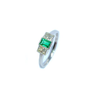 Second Hand Platinum Columbian Emerald & Diamond 3 Stone Ring