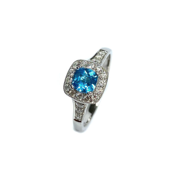 9ct White Gold Blue Topaz & Diamond Ring