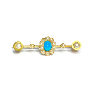 Second Hand 15ct Yellow Gold Pearl & Turquoise Brooch