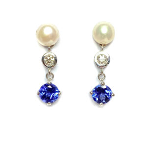 18ct White Gold Tanzanite, Pearl & Diamond Earrings