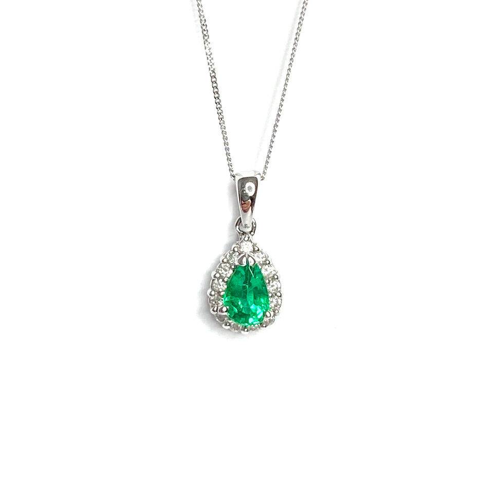 Second Hand 18ct White Gold Emerald & Diamond Pendant