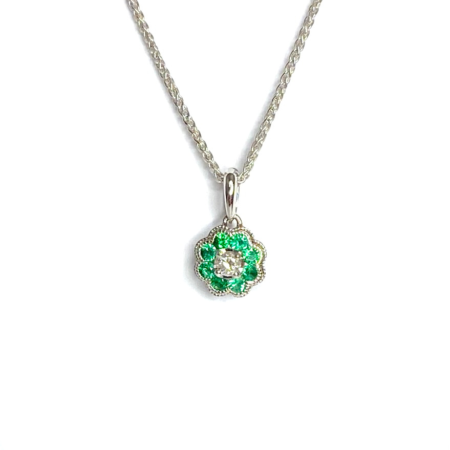 18ct White Gold Emerald & Diamond Pendant