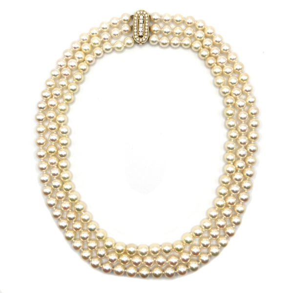 Second Hand 18ct Yellow Gold Cultured Pearl 3 Row Necklace With Diamond  Set Clasp