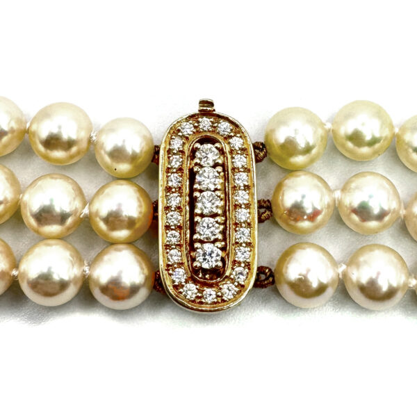 Second Hand 18ct Yellow Gold Cultured Pearl 3 Row Necklace With Diamond  Set Clasp